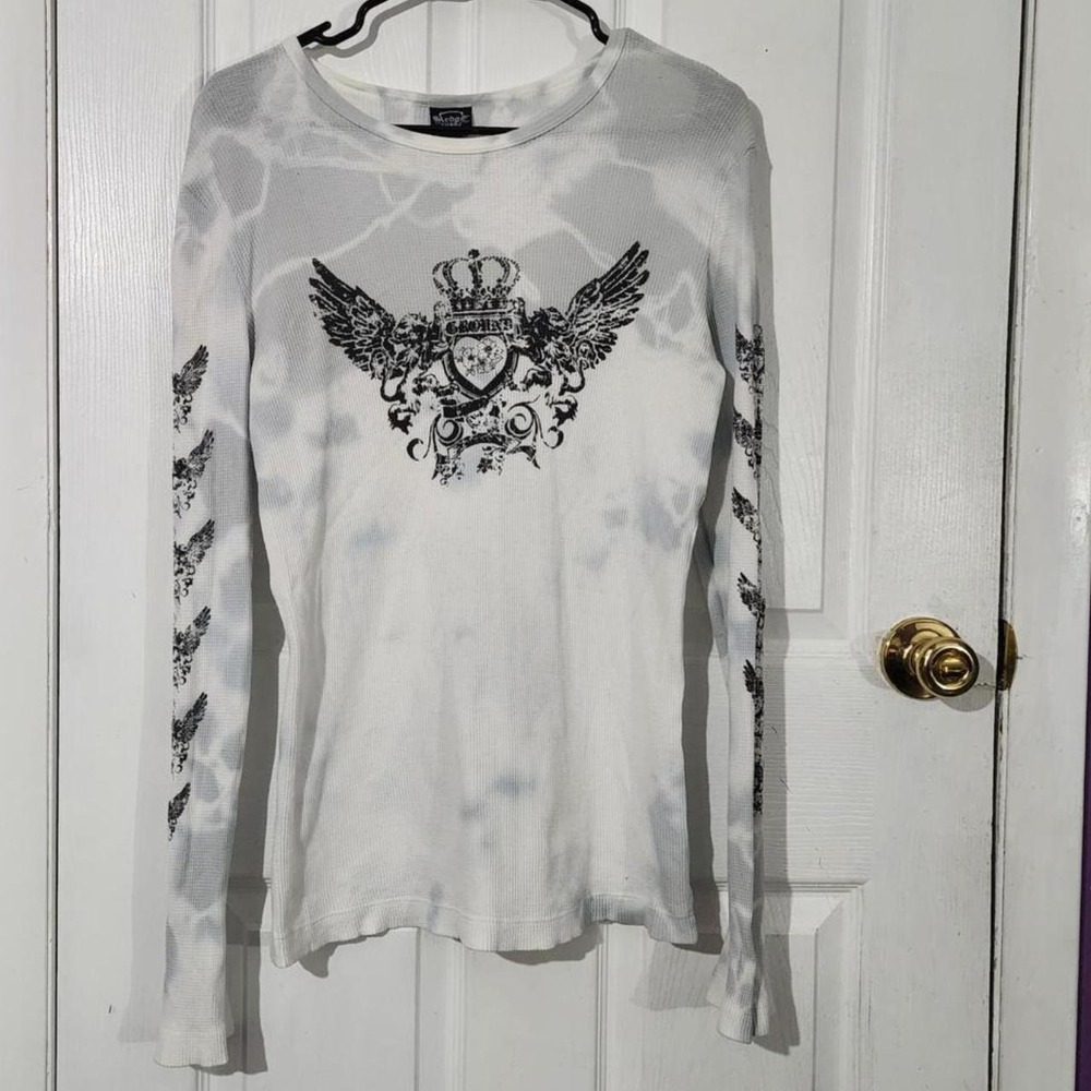 Vintage Y2K White Thermal Long Sleeve Graphic Top